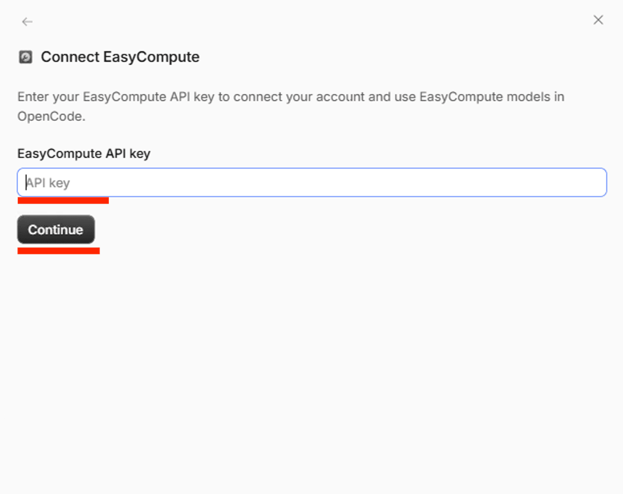 输入 EasyCompute API Key 并点击 Continue