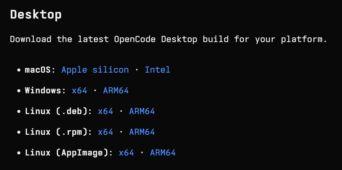 OpenCode 官网 Desktop 下载入口